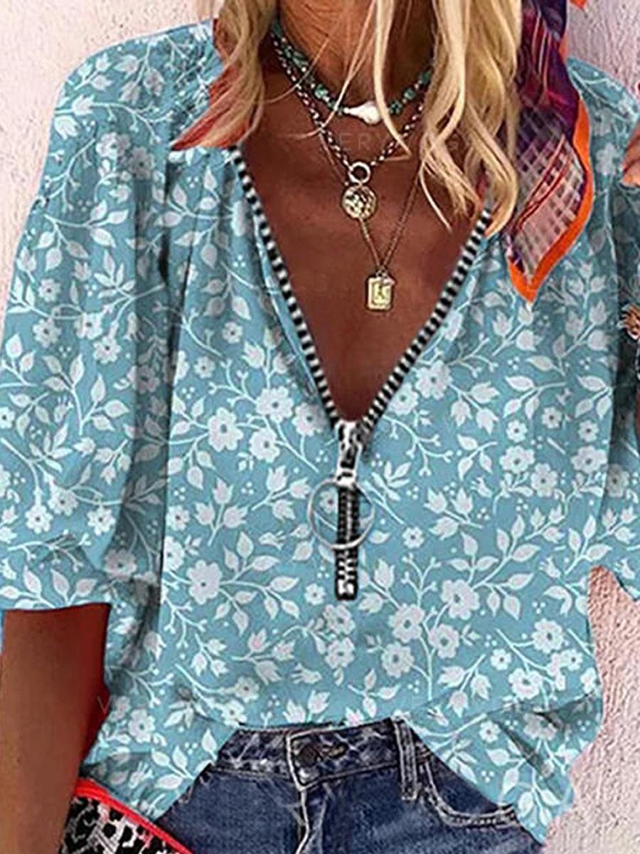 Casual Floral Print Zipper V-neck T-shirt