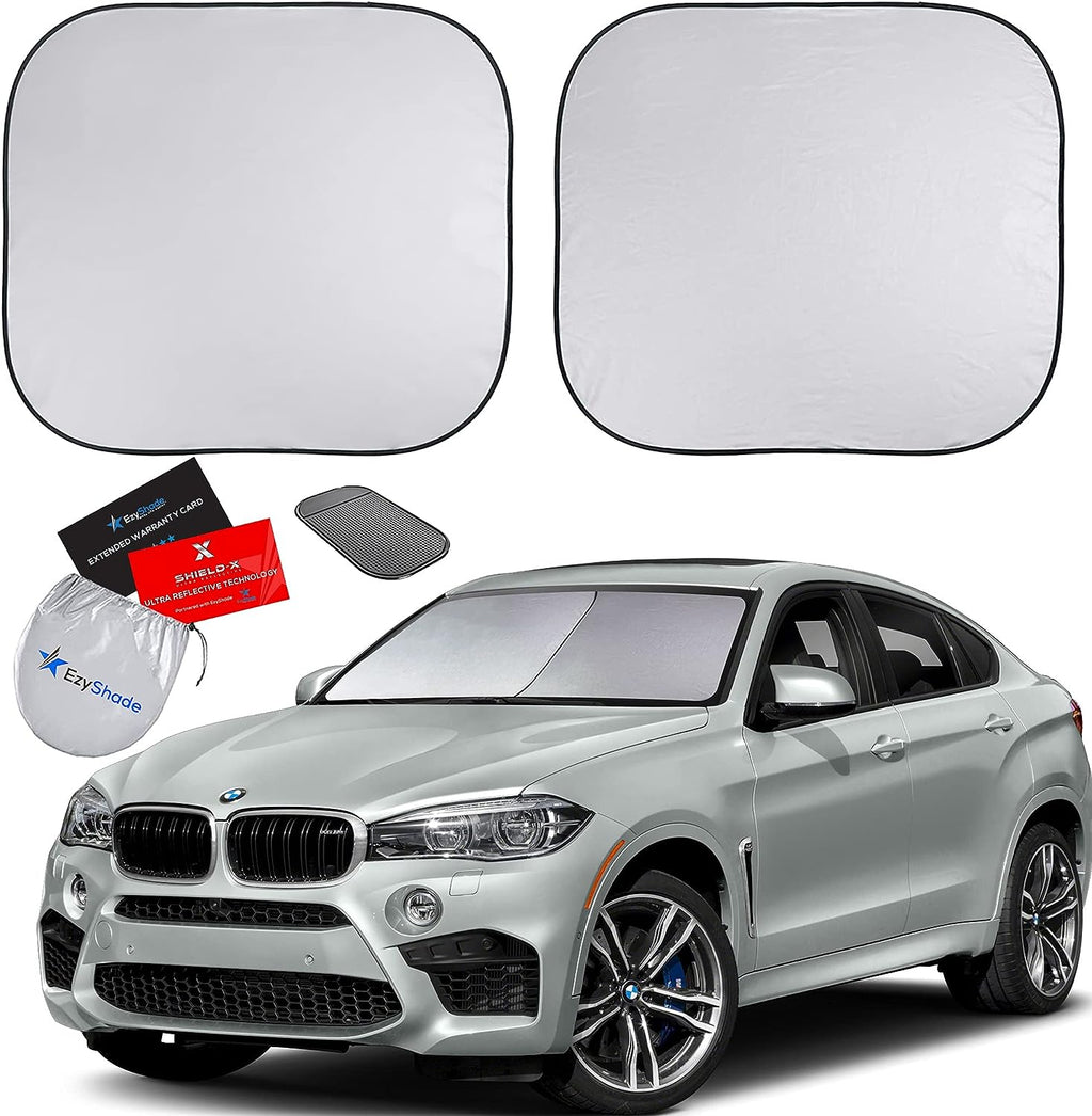 EzyShade Windshield Sun Shade with Shield-X Reflective Technology. See Size-Chart with Your Vehicle. Foldable 2-Piece Car Sunshades Reflect UV Sun and Heat and Protect Your Car. Standard (Medium) Size