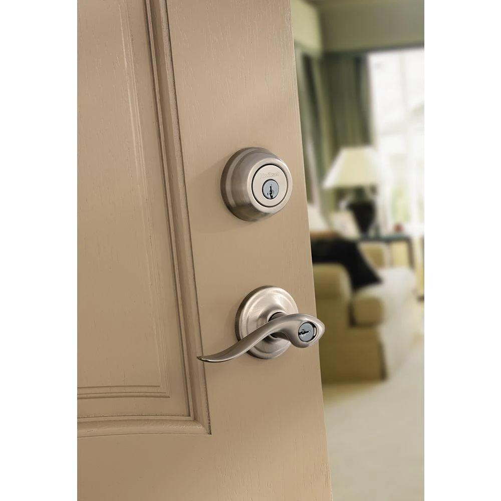 Tustin Satin Nickel Exterior Entry Door Lever and Single Cylinder Deadbolt Combo Pack Featuring SmartKey Security