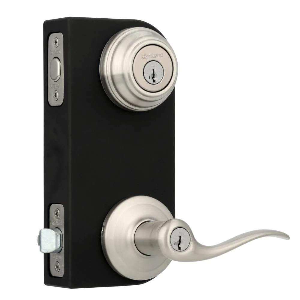 Tustin Satin Nickel Exterior Entry Door Lever and Single Cylinder Deadbolt Combo Pack Featuring SmartKey Security