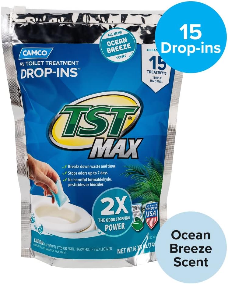 Camco TST MAX RV Toilet Treatment Drop-INs | Control Unwanted Odors and Break Down Waste and Tissue | Septic Tank Safe | Ocean Breeze Scent | 15-pack (41614)