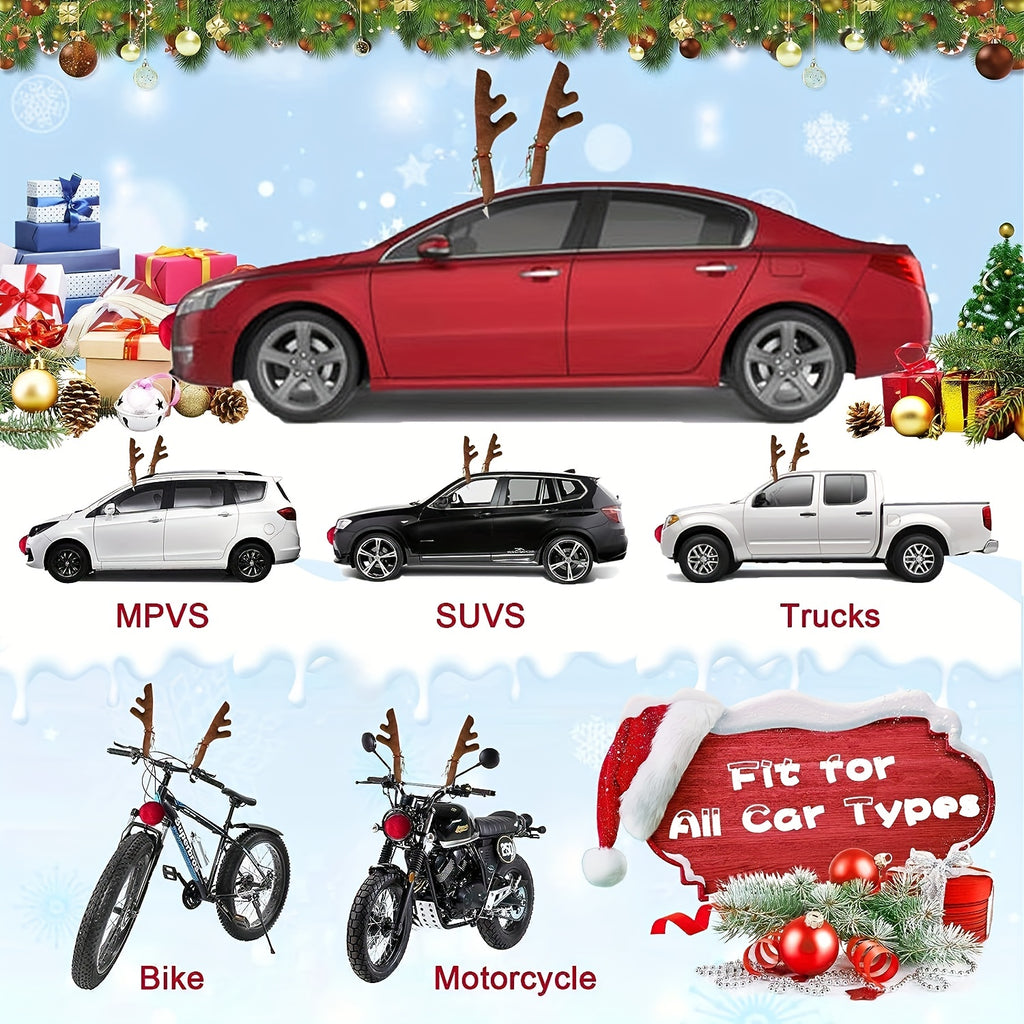 Car Reindeer Antlers &amp; Nose - Window Roof-Top &amp; Grille Rudolph Reindeer Jingle Bell Christmas Costume - Auto Accessories Decoration Kit