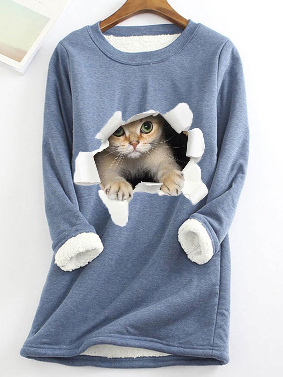 Round Neck Cat Print Loose Long Sleeve T-shirt
