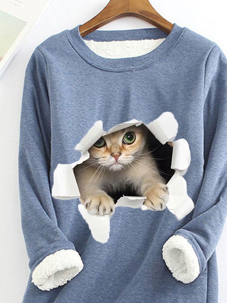 Round Neck Cat Print Loose Long Sleeve T-shirt