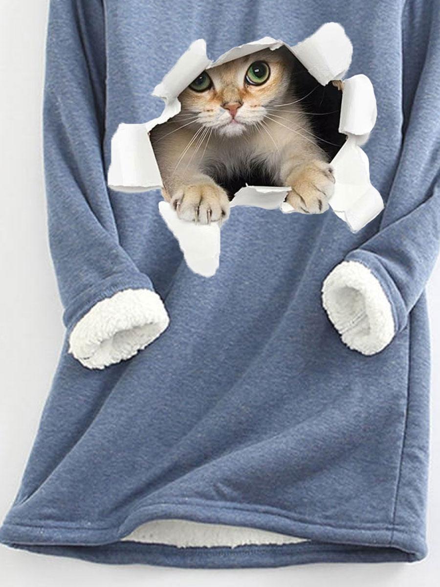 Round Neck Cat Print Loose Long Sleeve T-shirt