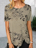 Floral Print Decorative Button Round Neck Short-sleeved Casual T-shirt