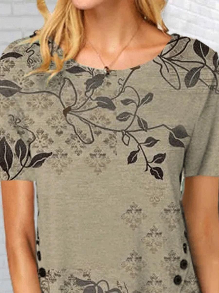 Floral Print Decorative Button Round Neck Short-sleeved Casual T-shirt