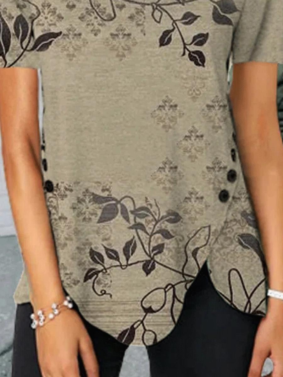 Floral Print Decorative Button Round Neck Short-sleeved Casual T-shirt