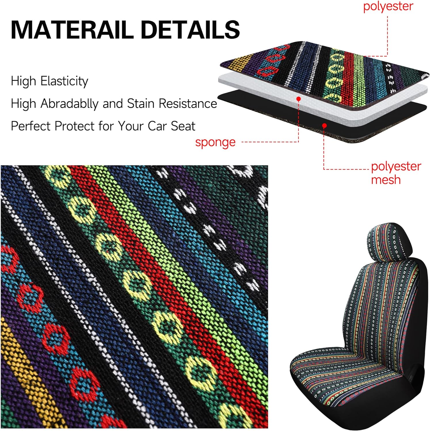 Pariitadin Baja Saddle Blanket Car Seat Covers Front Set with Seat Belt Pads, Washable Breathable Striped Woven Cloth Seat Covers for Cars, Universal Fit Most Cars, Airbag Compatible, Red/Blue