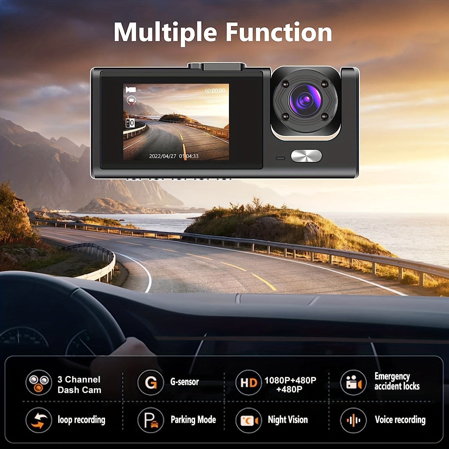 Camera FHD 1080P 3-Channel Dash Camera Front And Rear Inside Dash IR Night Vision Loop Recording G-Sensor Car DVR Camera With 2-Inch IPS Screen 3 Cameras