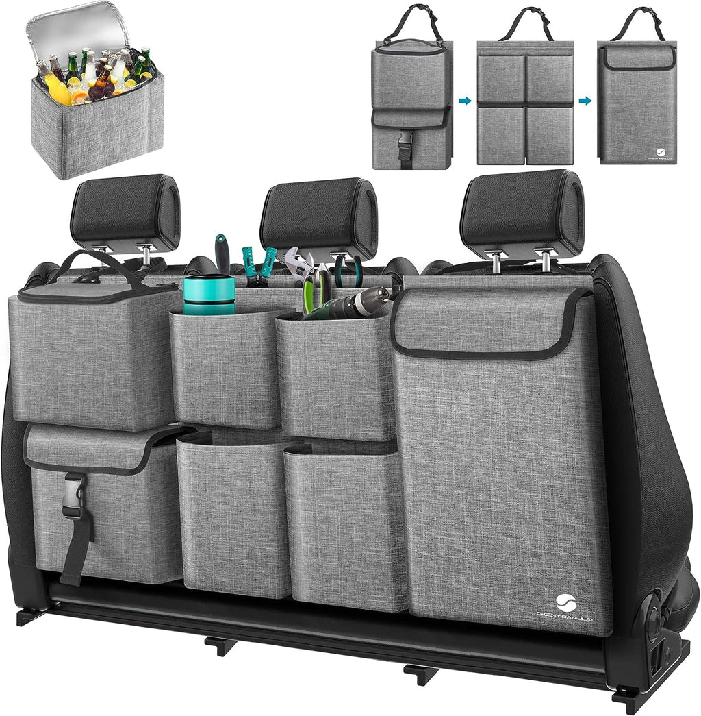 Car Trunk Organizer with Cooler, Hanging Car Organizers and Storage with Large Pockets, Zippers Detachable Seat Back Organizers Storage, Waterproof Car Storage Trunk Organizer for Jeeps, SUVs, Grey