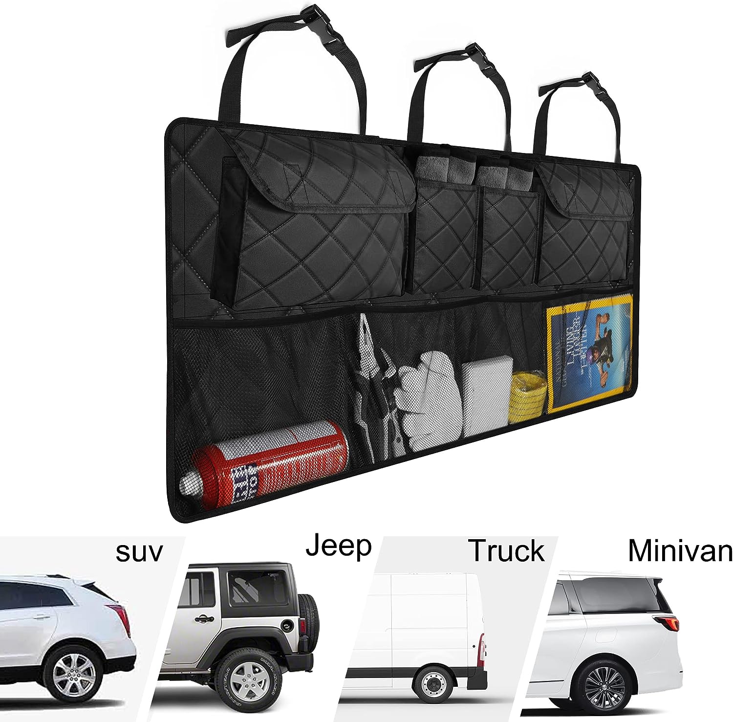 Femuar Car Trunk Organizer,Large Capacity Backseat Trunk Organizer(42"*18"),Collapsible Car Storage Bag with 8 Pocekt,Car Organizer for SUV/MPV/Truck - Black