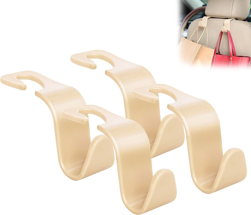 Amooca Universal Multifunctional Car Vehicle Headrest Hook, Organizer Hanger Storage Hook for Bag Purse Cloth Grocery (Beige Set of 4)