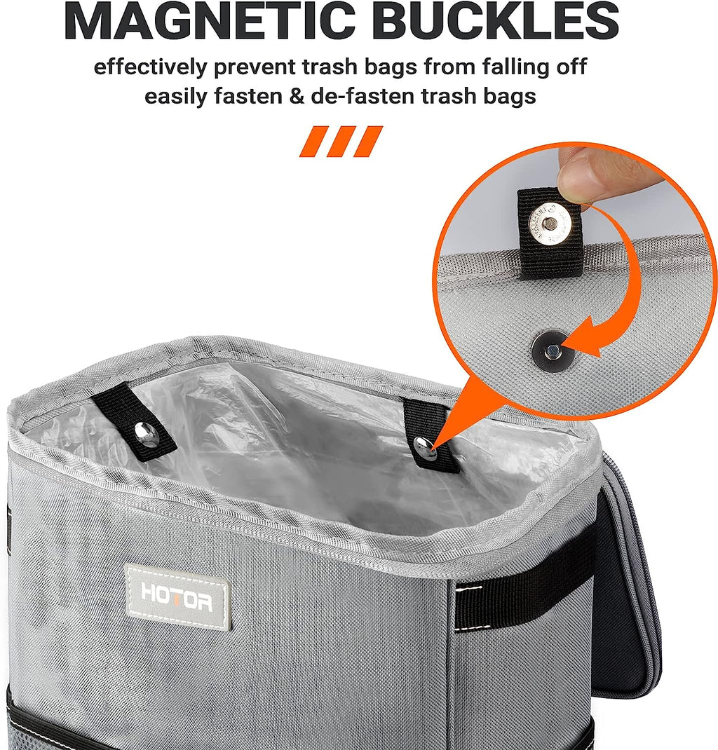 HOTOR Car Trash Can, 3-Gallon Ultra-Large Car Garbage Can, 100% Leakproof &amp; Waterproof Trash Can for Car, Multipurpose Car Trash Bin with Adjustable Straps, Magnetic Buckles, Mesh Pockets (Gray)