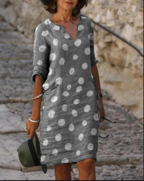 Casual Polka Dot Shirt V-Neckline Shift Dress