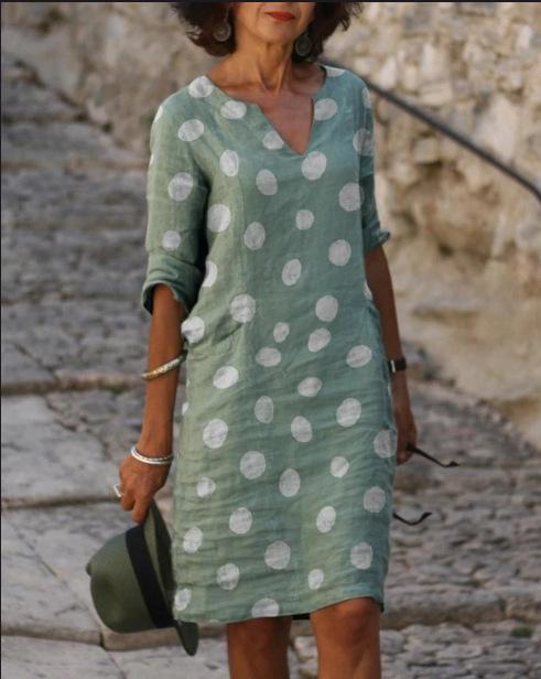 Casual Polka Dot Shirt V-Neckline Shift Dress