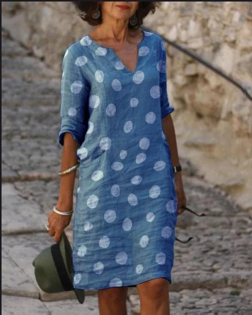 Casual Polka Dot Shirt V-Neckline Shift Dress