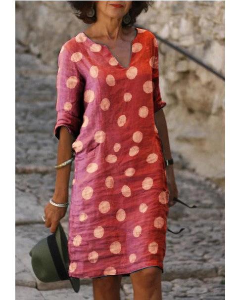Casual Polka Dot Shirt V-Neckline Shift Dress
