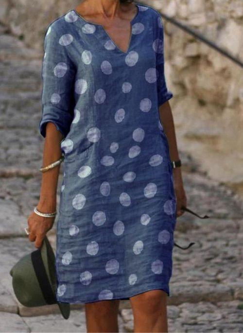 Casual Polka Dot Shirt V-Neckline Shift Dress