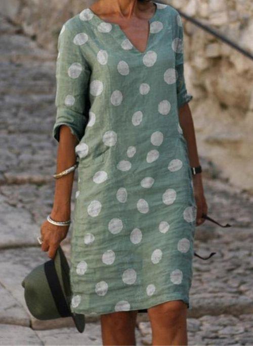 Casual Polka Dot Shirt V-Neckline Shift Dress