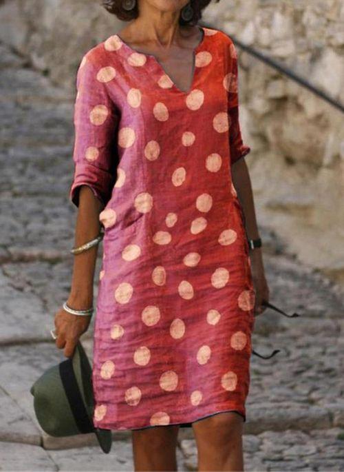 Casual Polka Dot Shirt V-Neckline Shift Dress