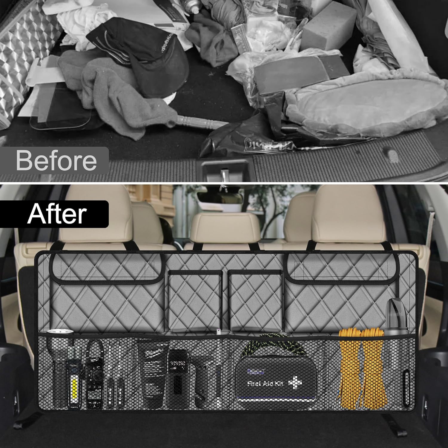 Femuar Car Trunk Organizer,Large Capacity Backseat Trunk Organizer(42"*18"),Collapsible Car Storage Bag with 8 Pocekt,Car Organizer for SUV/MPV/Truck - Grey