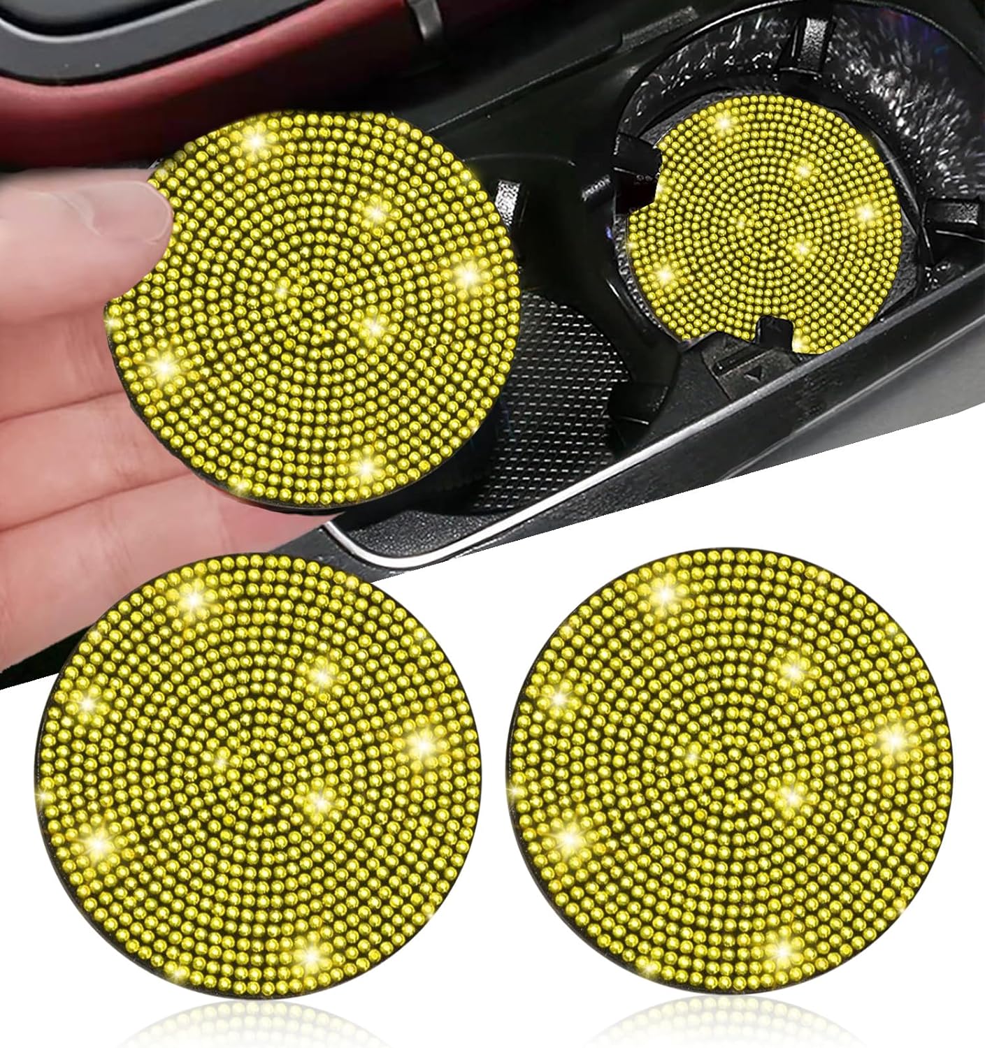 NBTEPEM 2pcs Bling Car Cup Holder Coaster, 2.75 inch Anti-Slip Shockproof Universal Fashion Car Coasters Insert Bling Crystal Rhinestone Automotive Interior Accessories for Women (2 pcs, Yellow)
