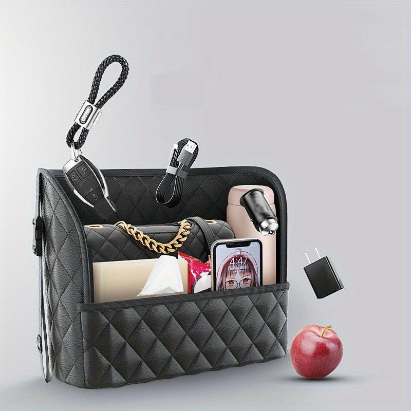 Car Purse Handbag Holder Between Seats, Leather Car Seat Back Organizer With 3 Pockets, LarCapacity StoraBag