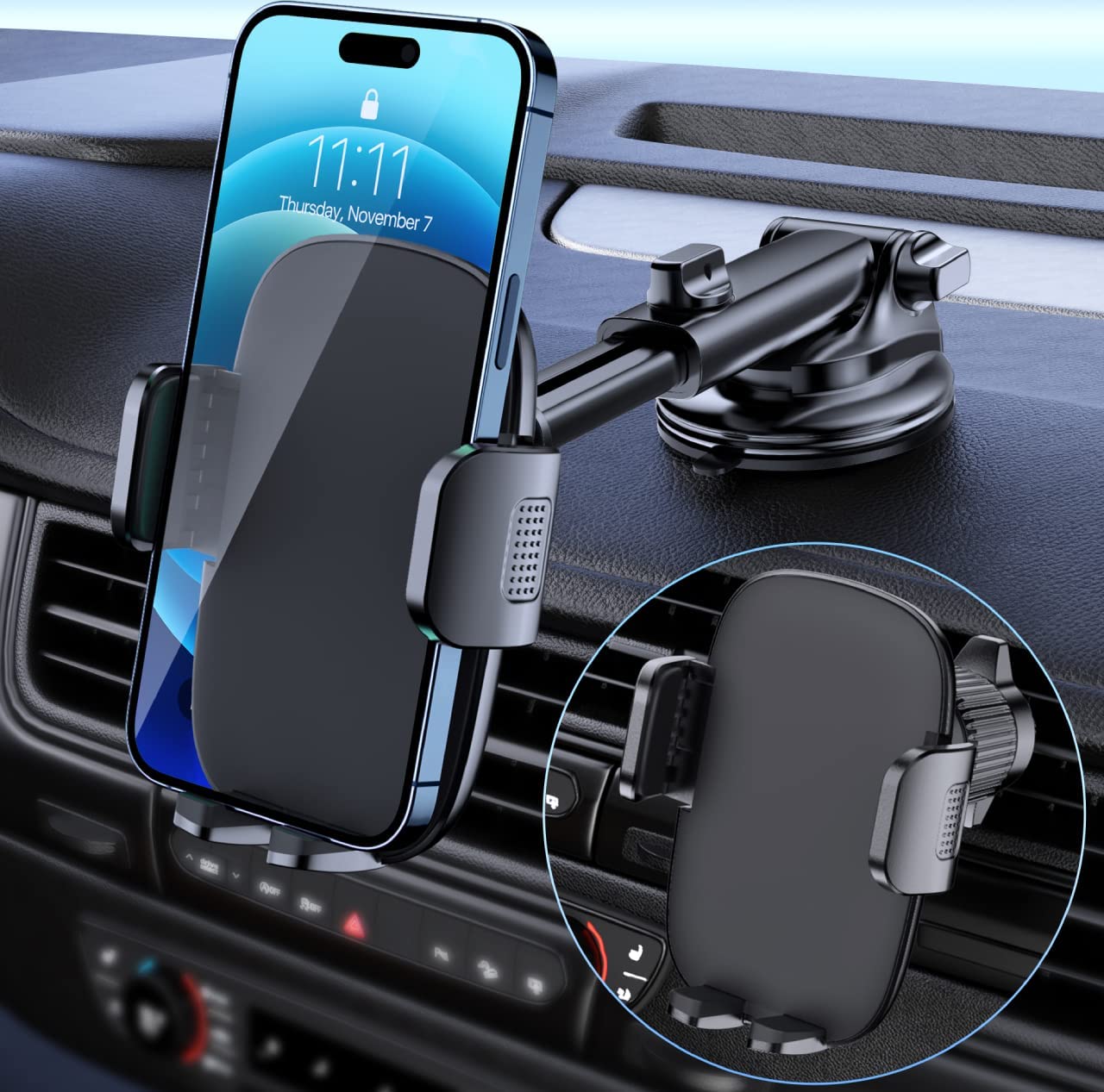 Car Phone Holder Mount [Military-Grade Suction &amp; Stable Hook] Phone Mount for Car Windshield Dashboard Air Vent Universal Hands-Free Automobile Mounts Cell Phone Holder Fit for iPhone Smartphones