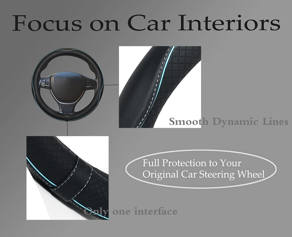 Car Steering Wheel Cover,Anti-Slip, Safety, Soft, Breathable,Heavy Duty, Thick,Full Surround,Sports Style (Black with Light Blue Line)