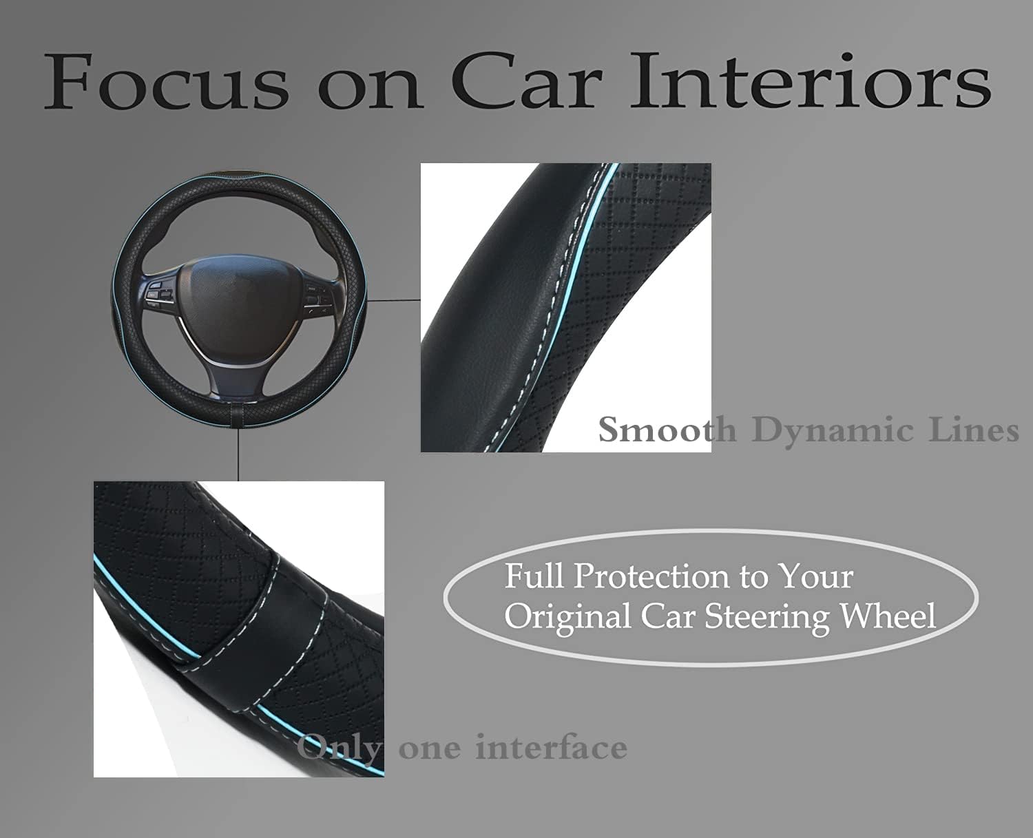 Car Steering Wheel Cover,Anti-Slip, Safety, Soft, Breathable,Heavy Duty, Thick,Full Surround,Sports Style (Black with Light Blue Line)