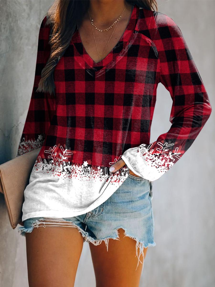 Fashion Snowflake And Gingham Print V-neck Top Women