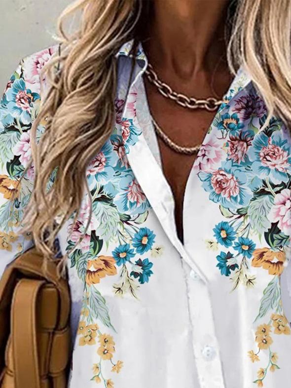 Casual Floral Print Lapel Buttons Long Sleeves Shirt
