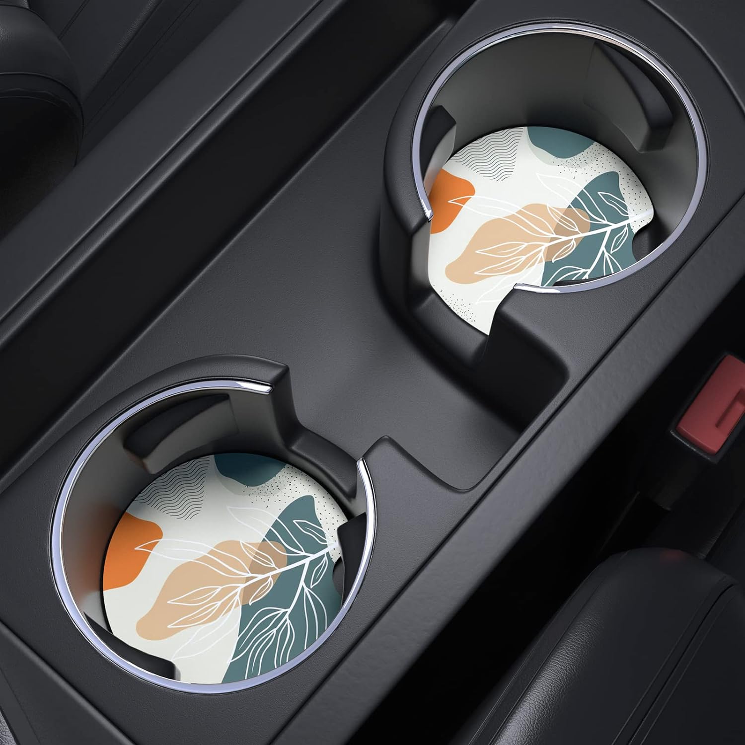 Nipichsha Car Cup Holder Coasters, Car Coasters for Cup Holders, 2 Pack Anti Slip Insert Coasters, Rubber Car Cup Mat with A Finger Notch, Cute Car Interior Accessories for Women (Abstract Boho Leaf)