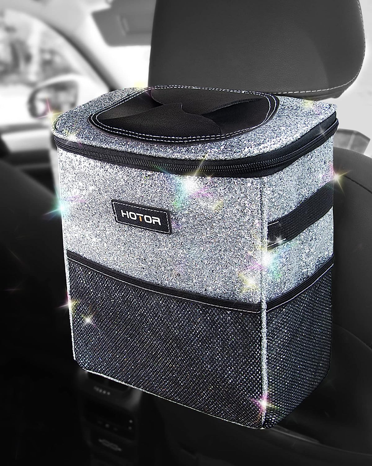 HOTOR 3 Gallons Car Trash Can, Ultra Large Capacity Car Organizer and Storage with Adjustable Straps &amp; Magnetic Snaps, Waterproof Car Accessory for Interior Car Stuff Storage, Sparkle White