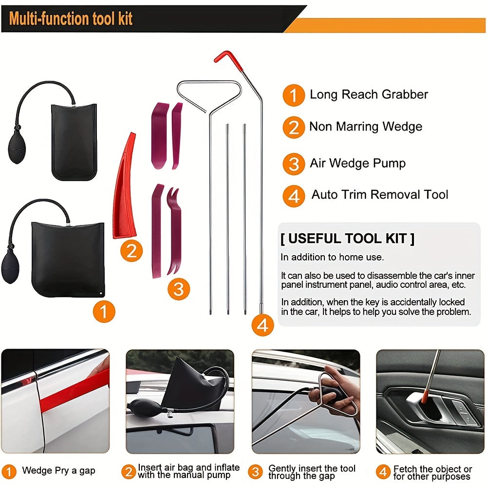 14PCS Car Tool Kit: Roadside Emergency Kit with Long Reach Grabber, Air WedBag Pump, Non-Marring Wed&amp; Carrying Bag - Essential Automotive Kit!