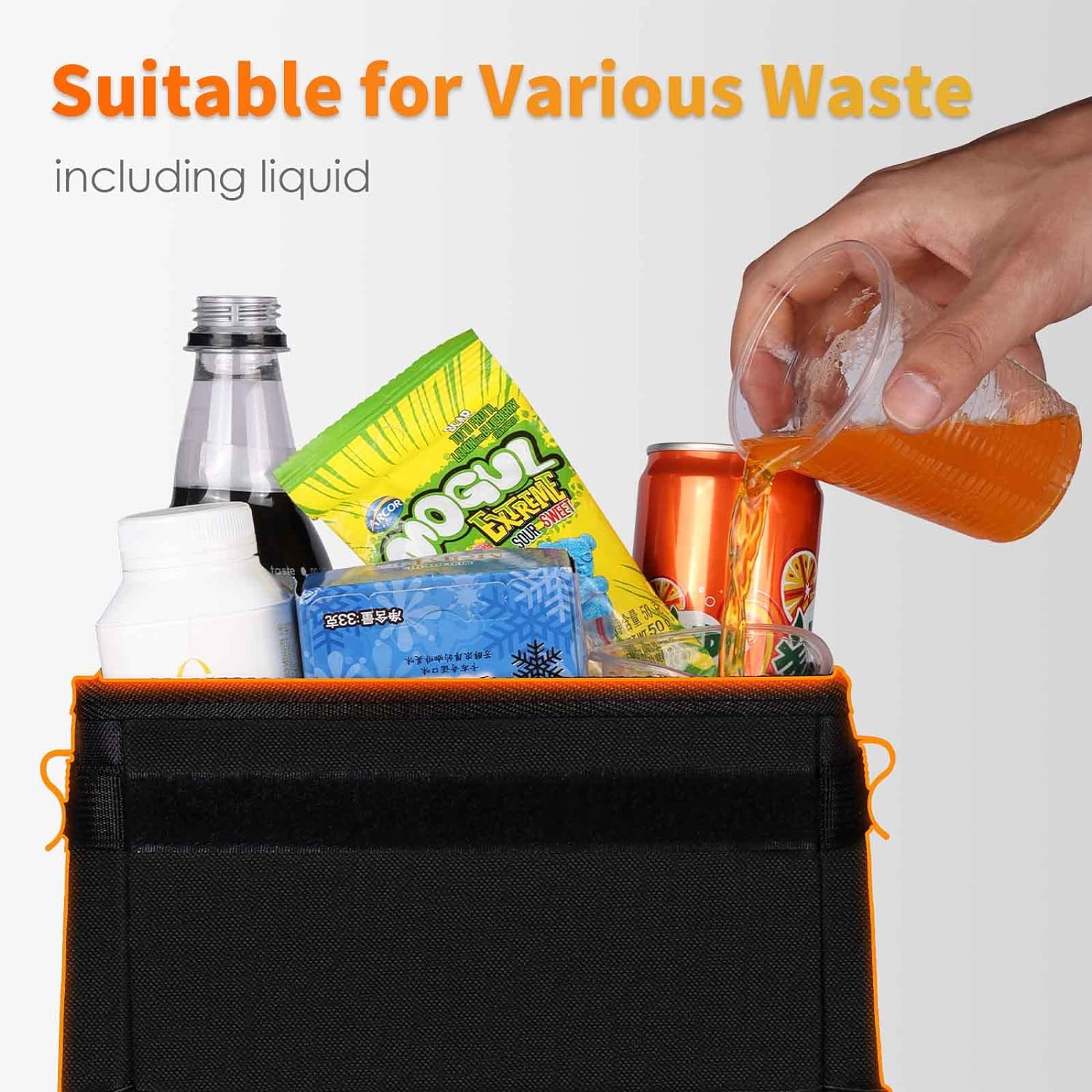 HOTOR Car Trash Can-2-Gallon, Foldable and Waterproof Car Accessory for Interior, Leakproof Car Organizer and Storage Bag, Multipurpose Bin with Adjustable Straps and Multiple Pockets (Black)