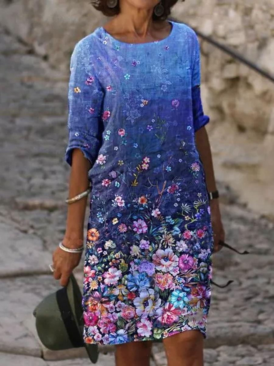 Women'S Round Floral Print Fashion Short Sleeve Shift Dress