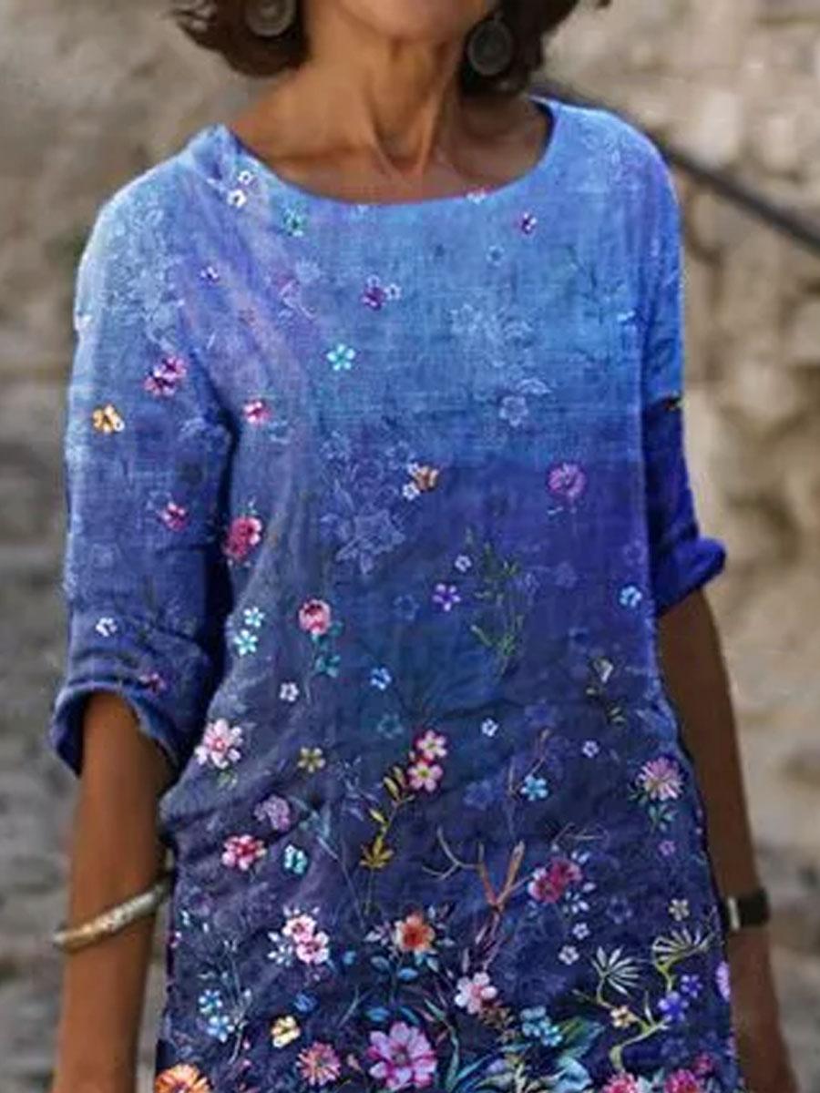 Women'S Round Floral Print Fashion Short Sleeve Shift Dress