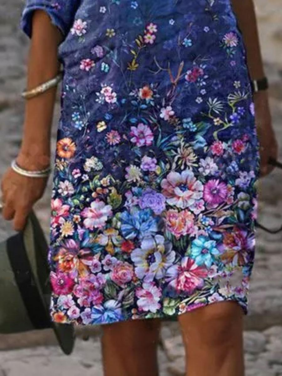 Women'S Round Floral Print Fashion Short Sleeve Shift Dress