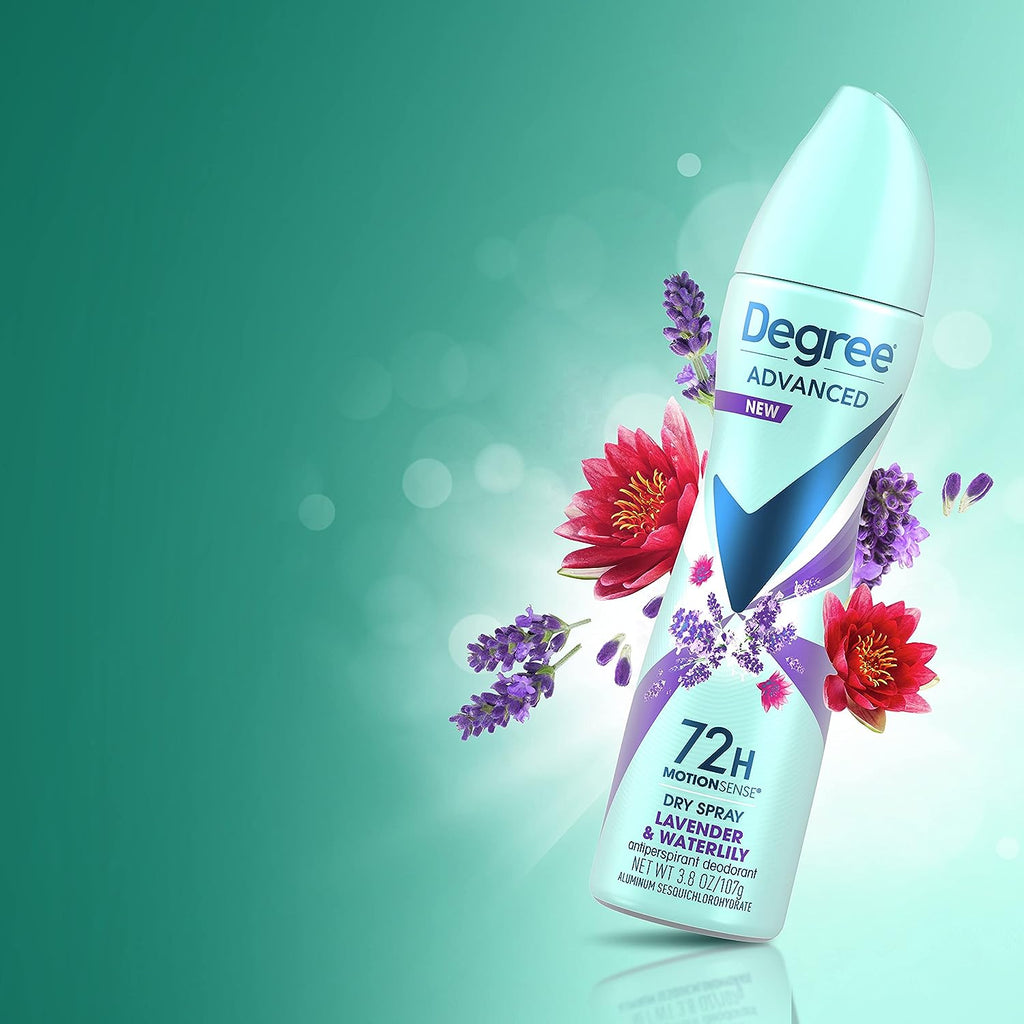 Degree Antiperspirant Deodorant Dry Spray 72-Hour Sweat and Odor Protection Lavender and Waterlily Deodorant Spray For Women With MotionSense Technology 3.8 oz 3 Count