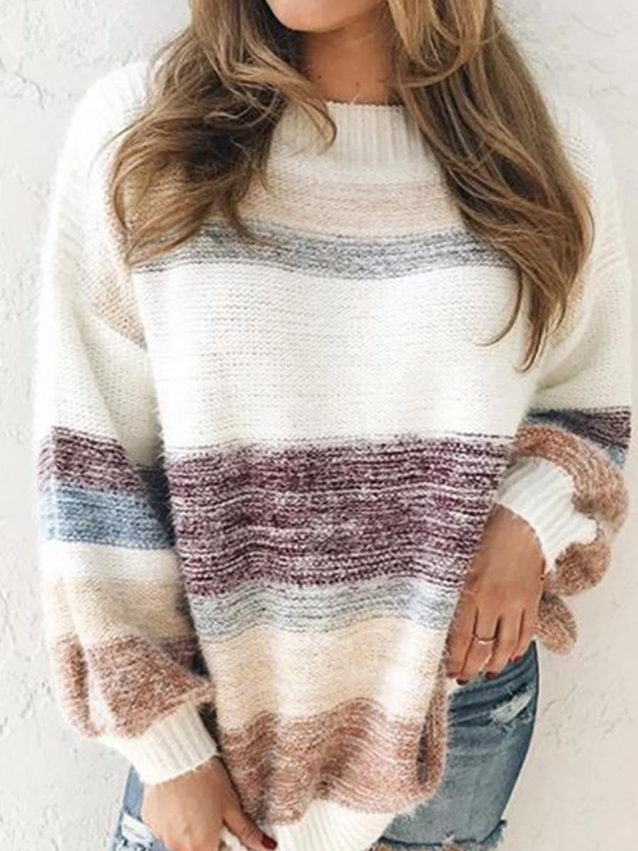 Round Neck Striped Print Loose Casual Women'S Sweater