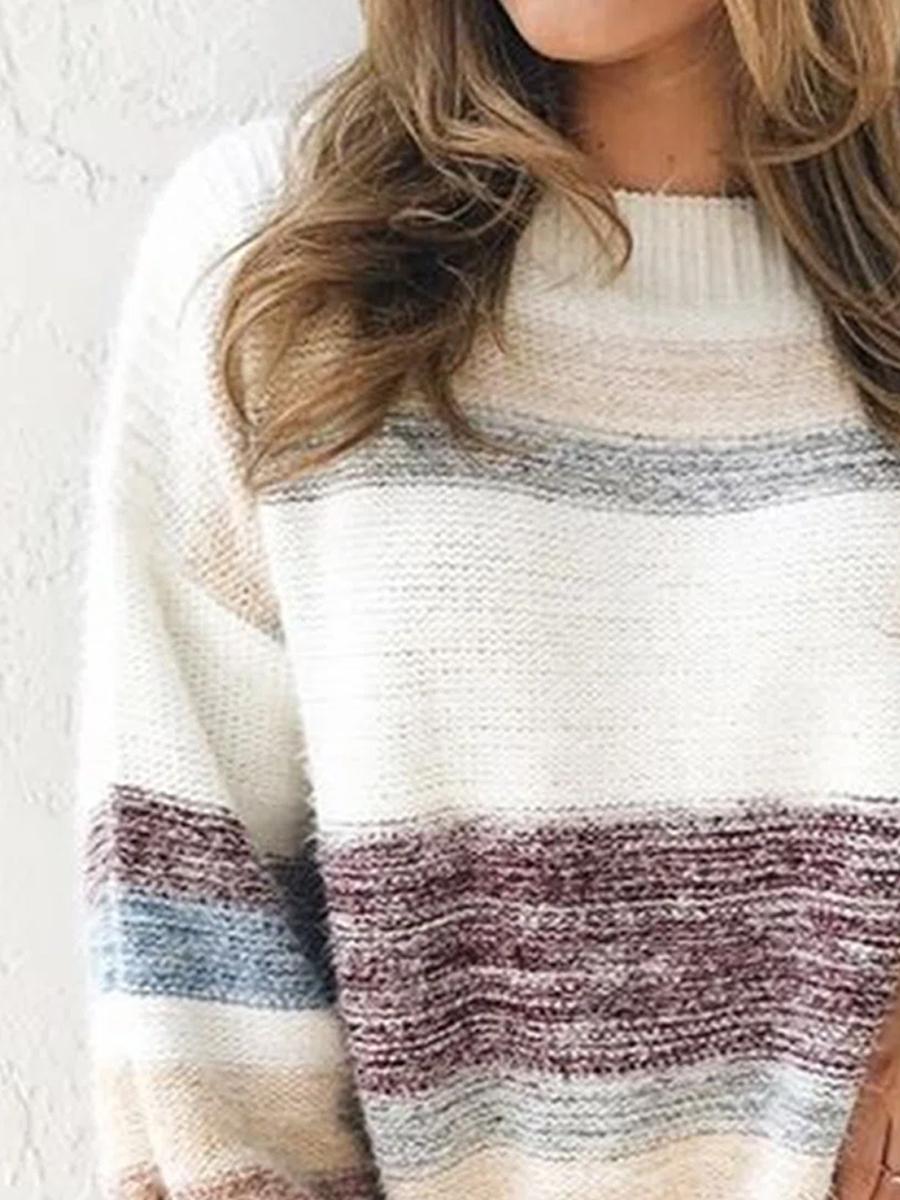 Round Neck Striped Print Loose Casual Women'S Sweater