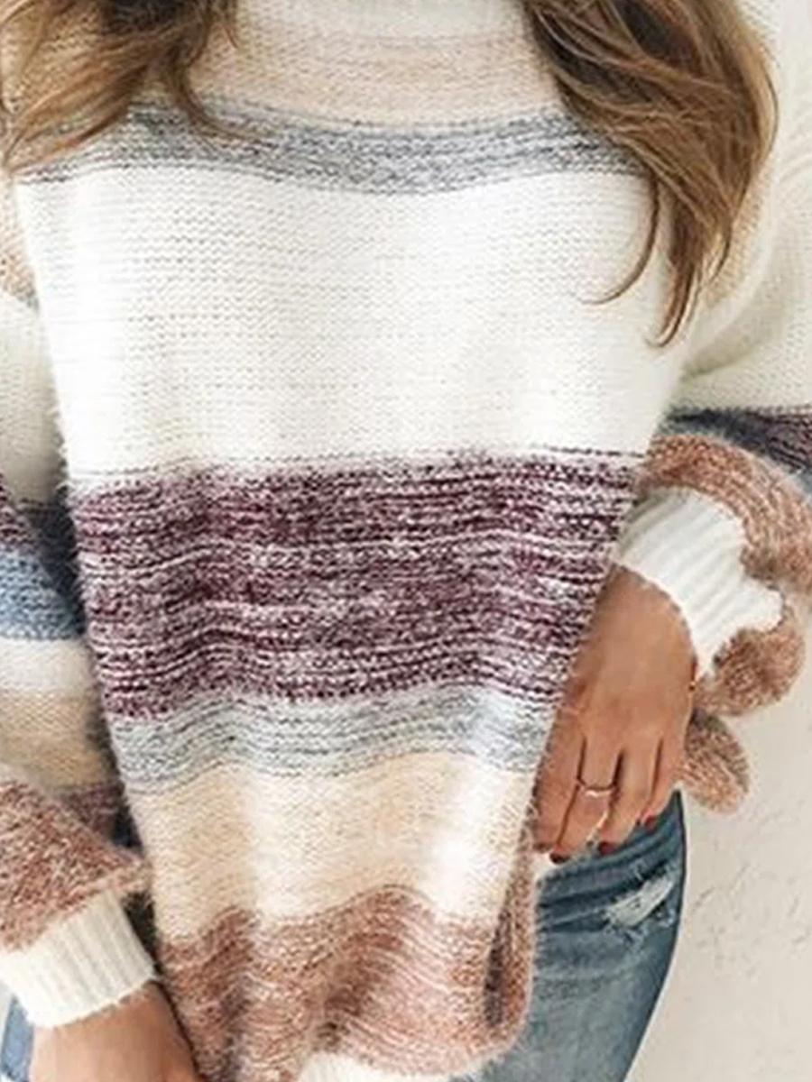Round Neck Striped Print Loose Casual Women'S Sweater