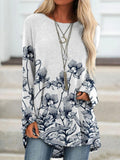 Flower Print Round Neck Long Sleeve Casual Fashion T-shirt