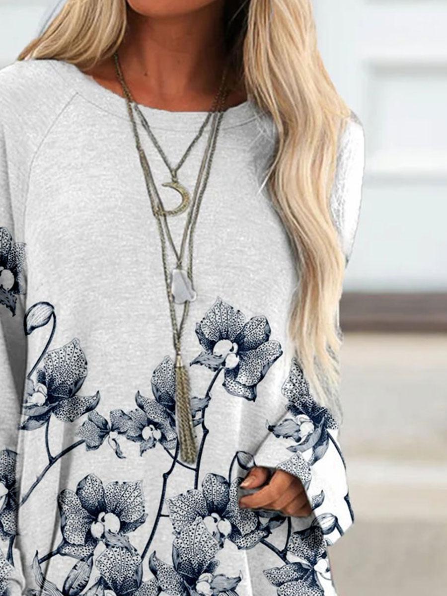 Flower Print Round Neck Long Sleeve Casual Fashion T-shirt
