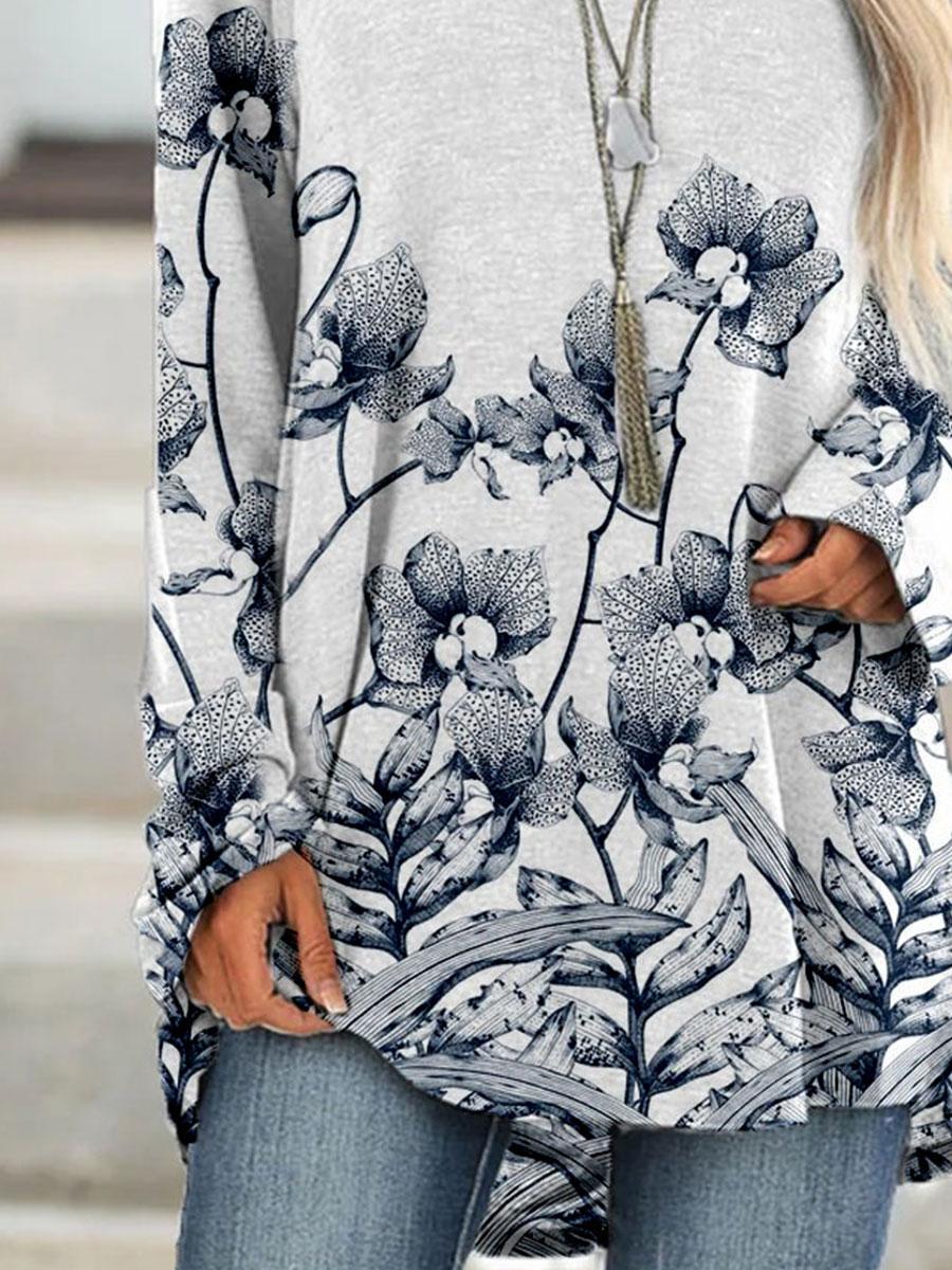 Flower Print Round Neck Long Sleeve Casual Fashion T-shirt