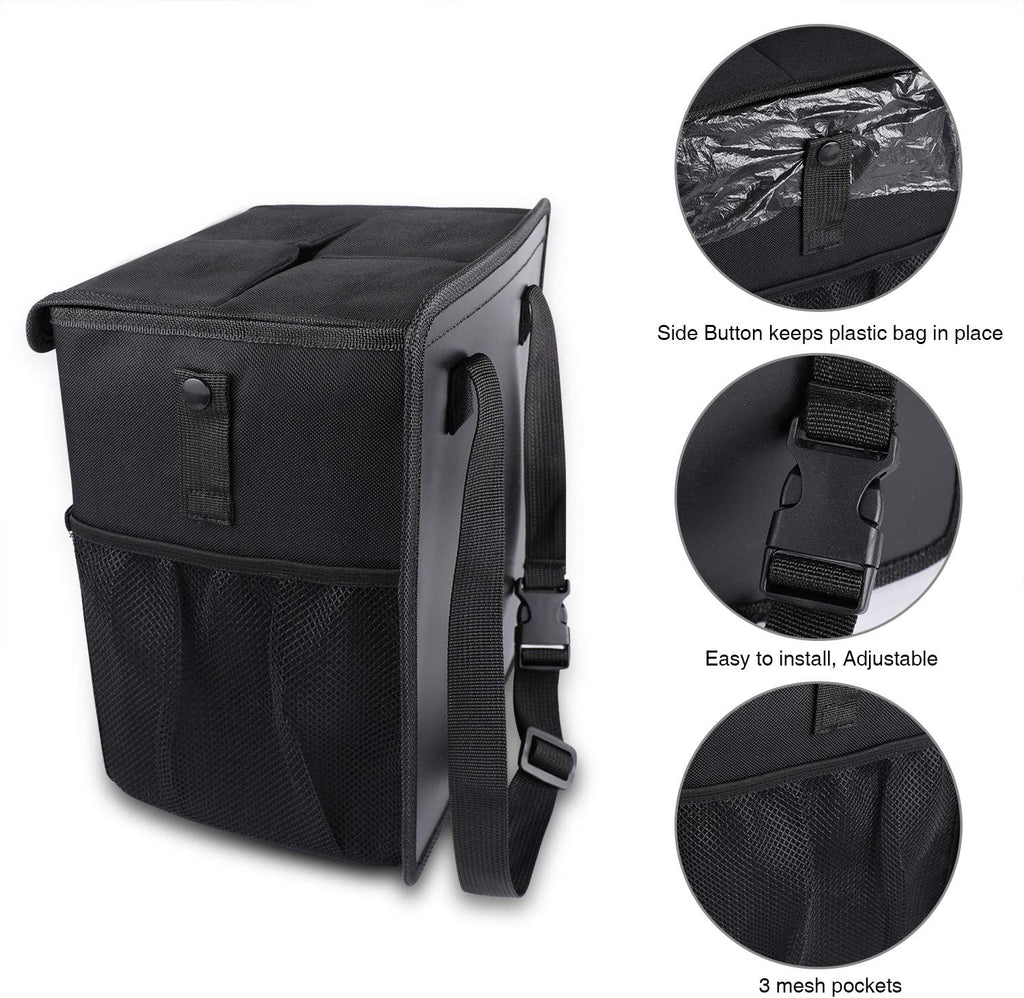 PowerTiger CAR ACCESSORIES Hanging Car Trash Can Bin - Car Garbage Cans Bag with Lid &amp; 3 Mesh Storage Pockets 2.64 Gallon
