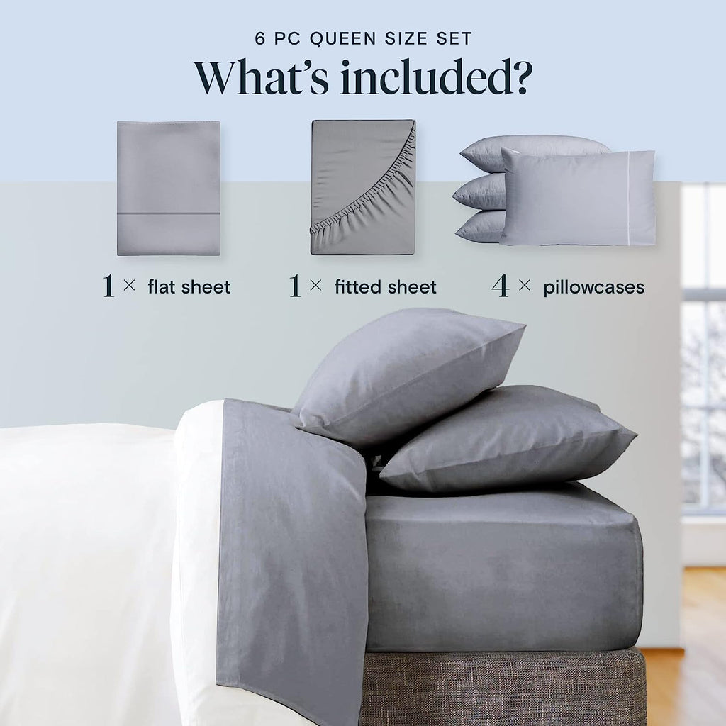 LuxClub 6 PC Queen Sheet Set Bamboo Sheets Deep Pockets 18" Eco Friendly Wrinkle Free Cooling Sheets Machine Washable Hotel Bedding Silky Soft - Light Grey Queen