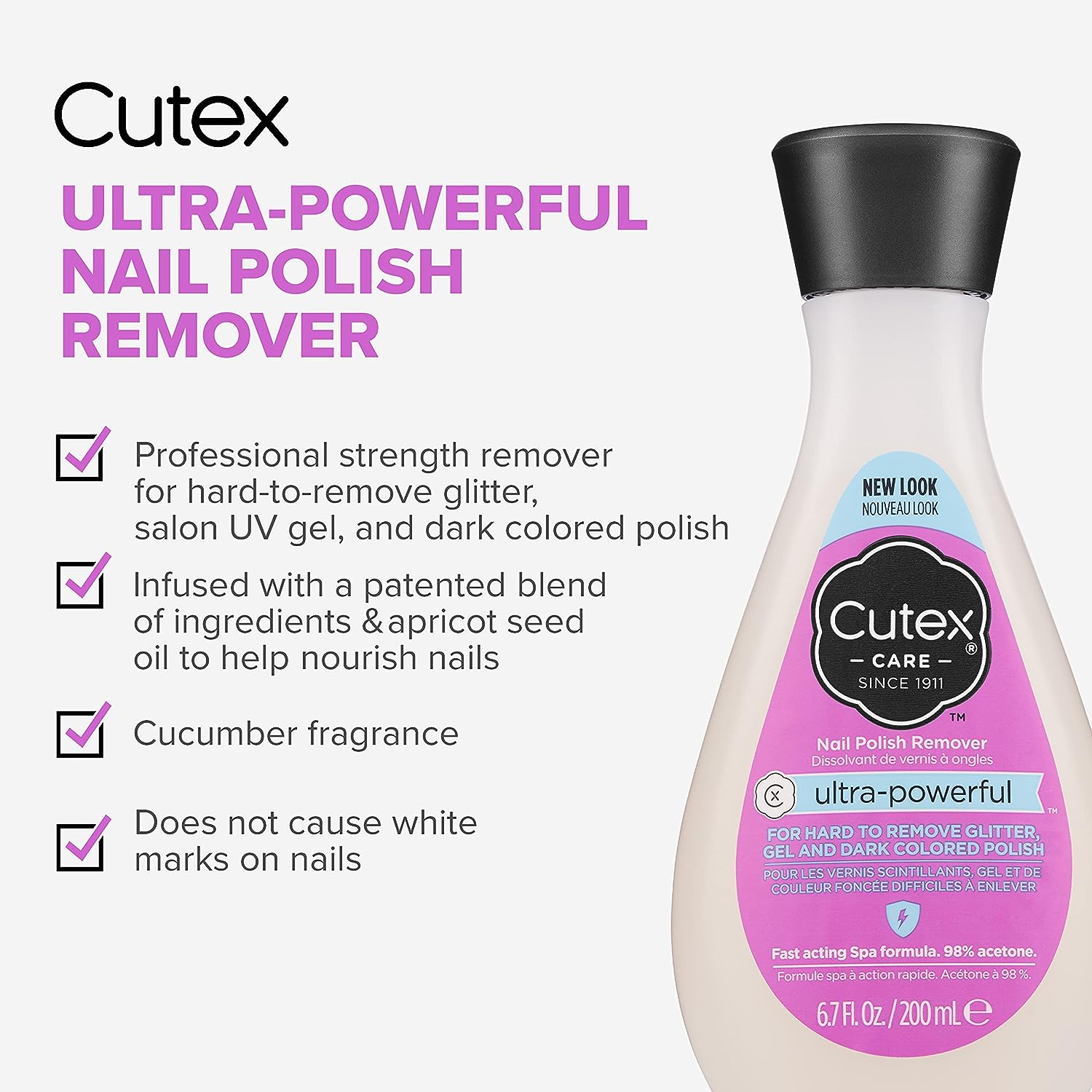 Cutex Gel Nail Polish Remover, Ultra-Powerful &amp; Removes Glitter and Dark Colored Paints, Paraben Free, 6.76 Fl Oz